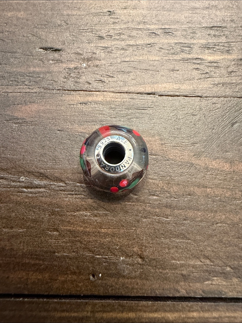 Pandora Clear Glass Charm with Red and Green Floral Dots